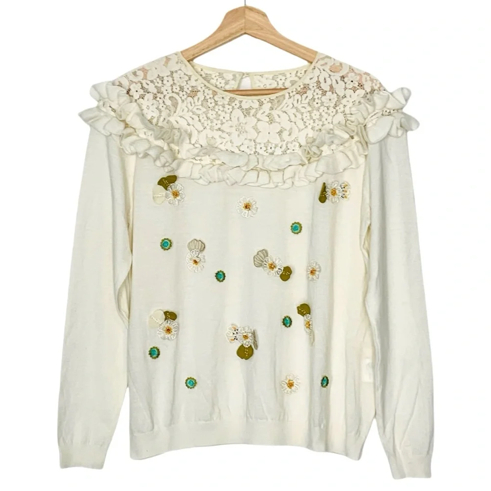 Lace Collar Crew Neck Sweater Large Cream 3D Flowers Embroidered Beaded Sequins